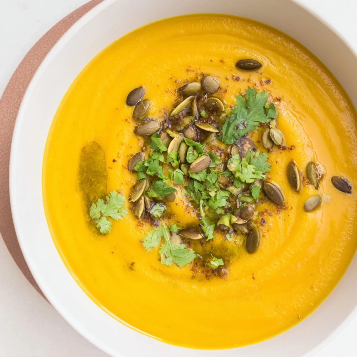 Creamy Spiced Pumpkin Soup, a vibrant orange color, topped with toasted pumpkin seeds and fresh herbs.