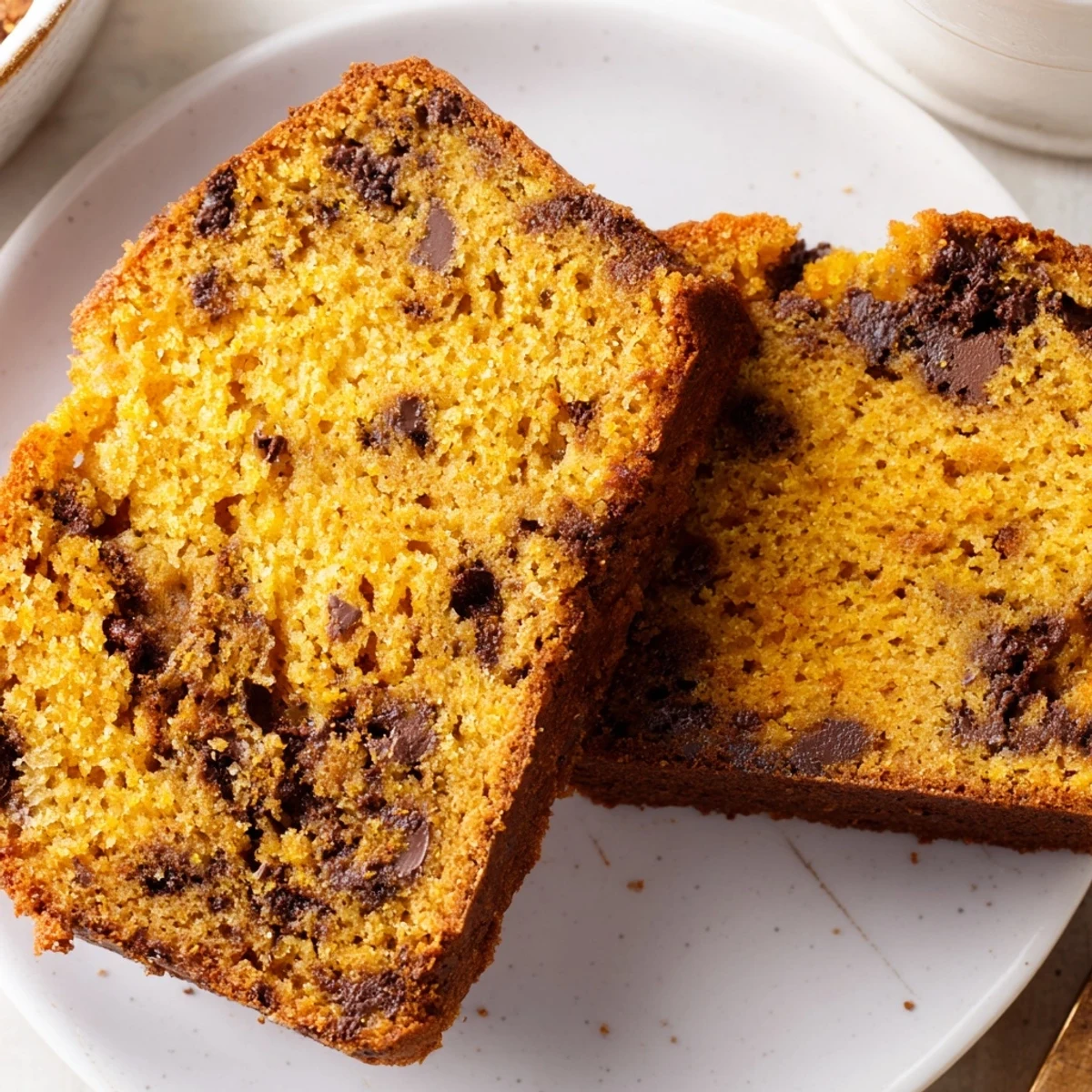 Warm, spiced slice of Chocolate Chip Pumpkin Bread, perfect for autumn mornings.