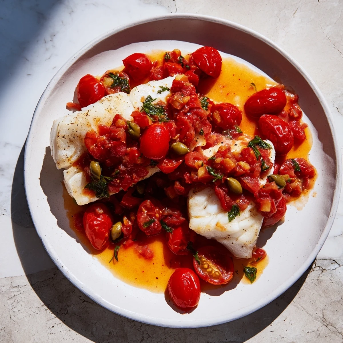 Golden baked halibut fillets topped with vibrant tomato relish, a fresh, healthy meal.