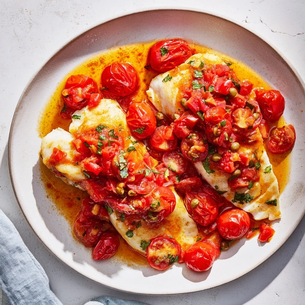 Succulent baked halibut with juicy, colorful tomato relish, ready to enjoy for dinner tonight.