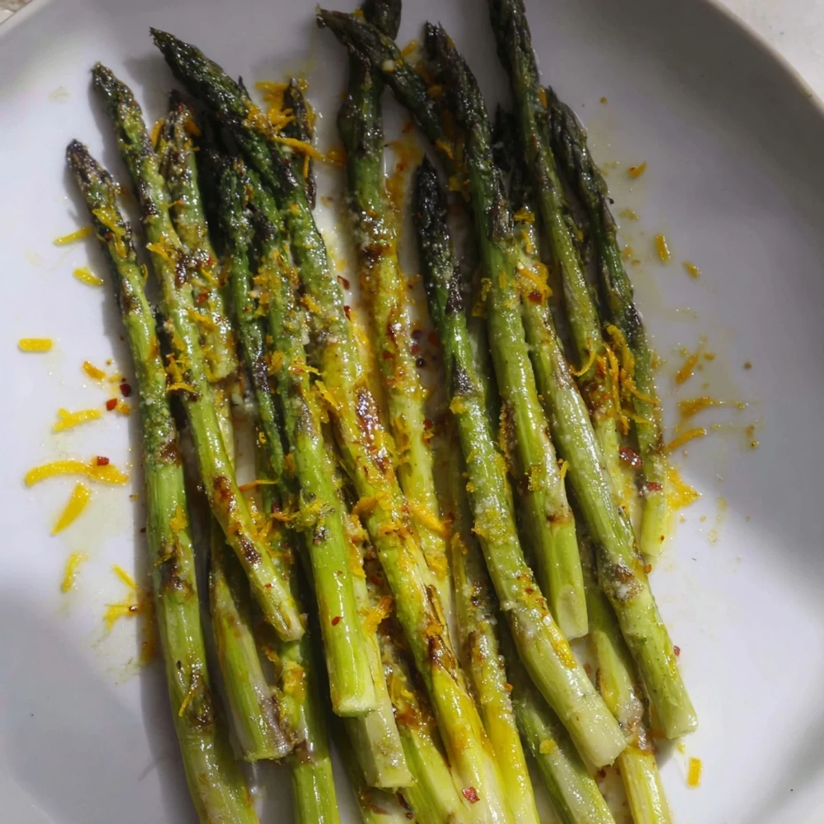 Golden roasted asparagus with bright lemon zest, a simple and delicious side dish.