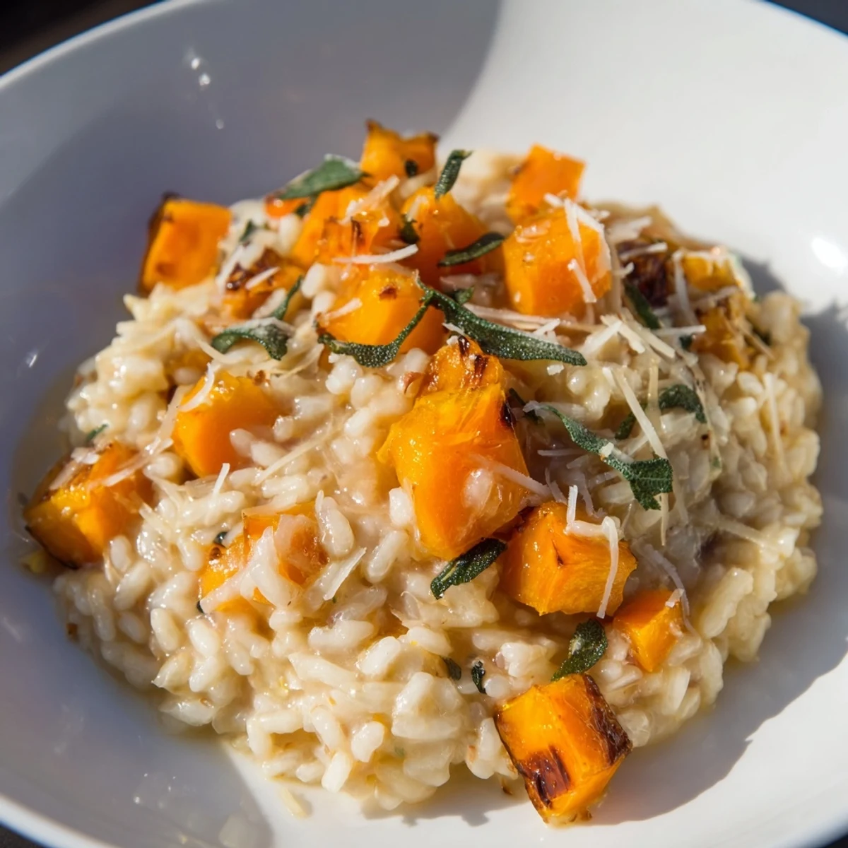 A close-up of the delicious winter squash risotto, perfectly cooked with a soft, inviting texture.