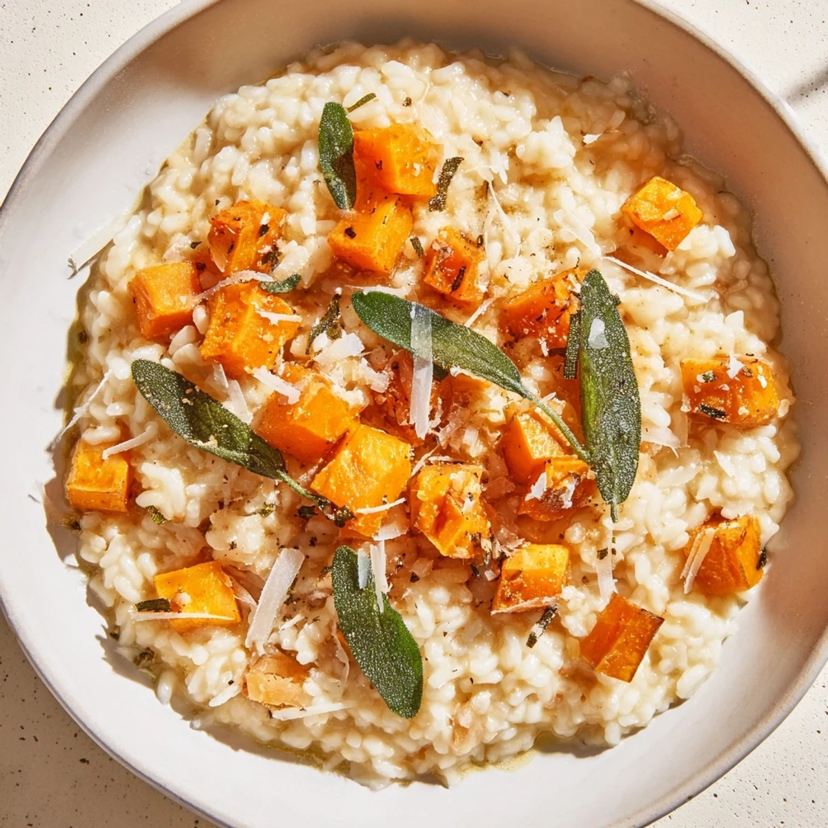 Warm, flavorful winter squash risotto, served with a sprinkle of fresh herbs, ready to eat.