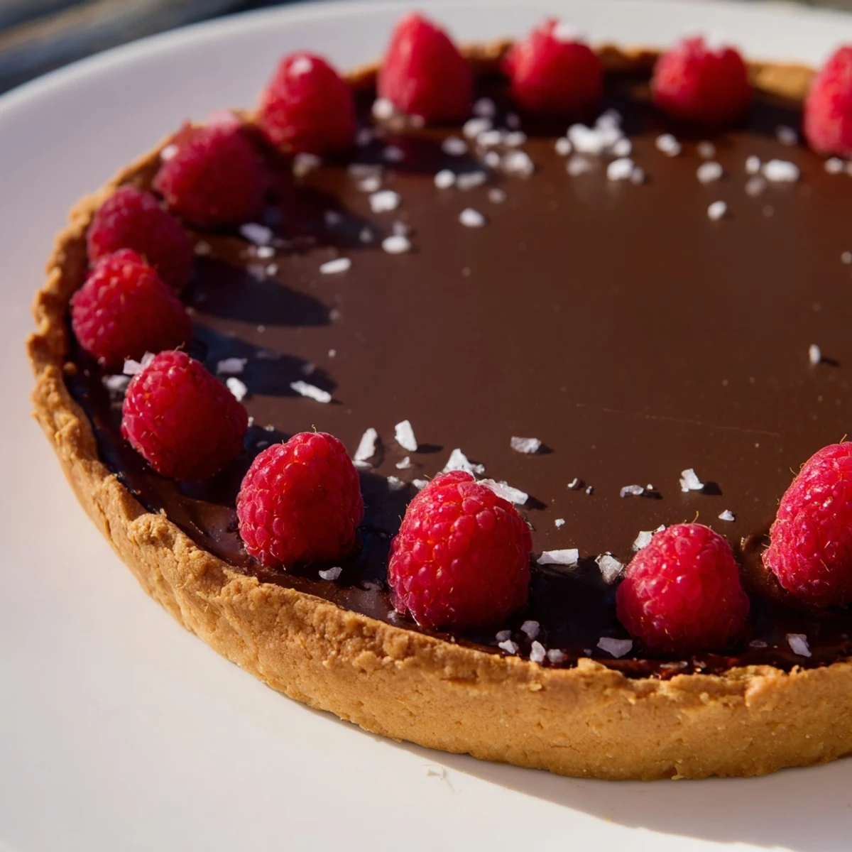 Rich, dark chocolate ganache tart, perfectly set and garnished with fresh, juicy red berries.