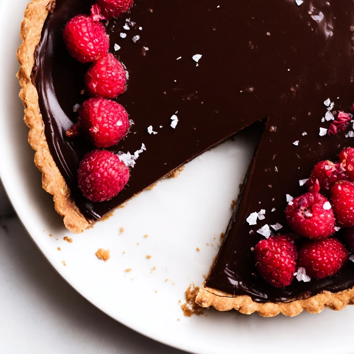 A beautiful, close-up shot of a sliced chocolate ganache tart ready to be enjoyed, a delightful dessert.