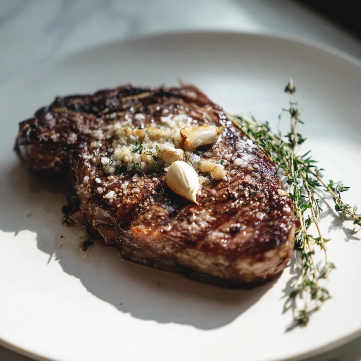 Juicy, seared beef ribeye steak glistening under the herbs, ready to be cut and savored.