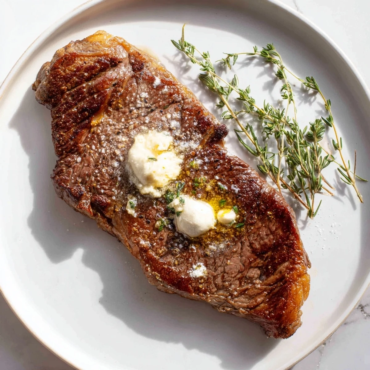 Close-up of a flavorful ribeye steak, with melted butter and herbs, a perfect American cuisine classic.