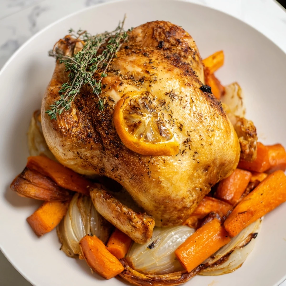 Golden-skinned Roasted Chicken with Thyme, served alongside savory roasted vegetables, ready to enjoy.