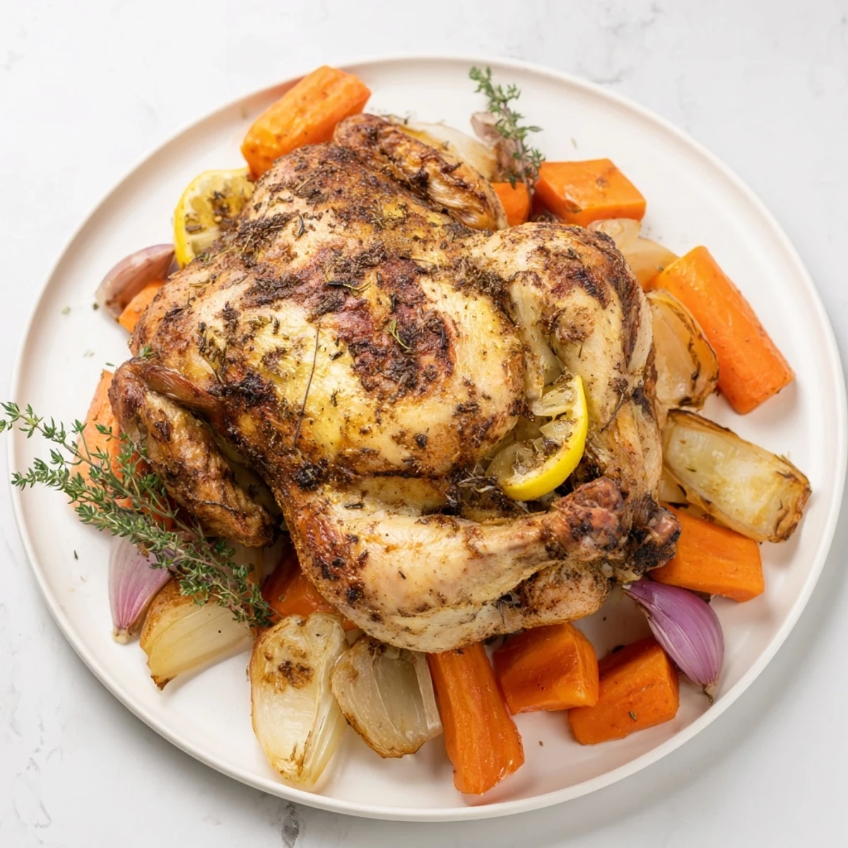 Aromatic Roasted Chicken with Thyme, beautifully browned and juicy, perfect for a family dinner.