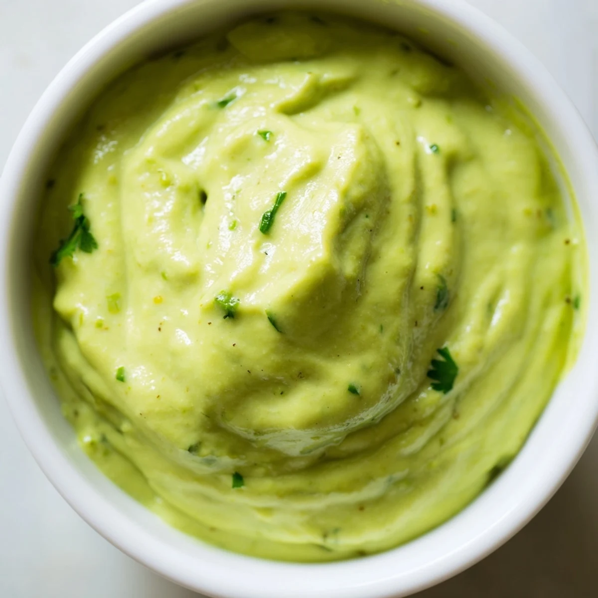 This Creamy Avocado Lime Dressing displays a smooth texture, perfect for a fresh, vegan salad with a zesty flavor profile.