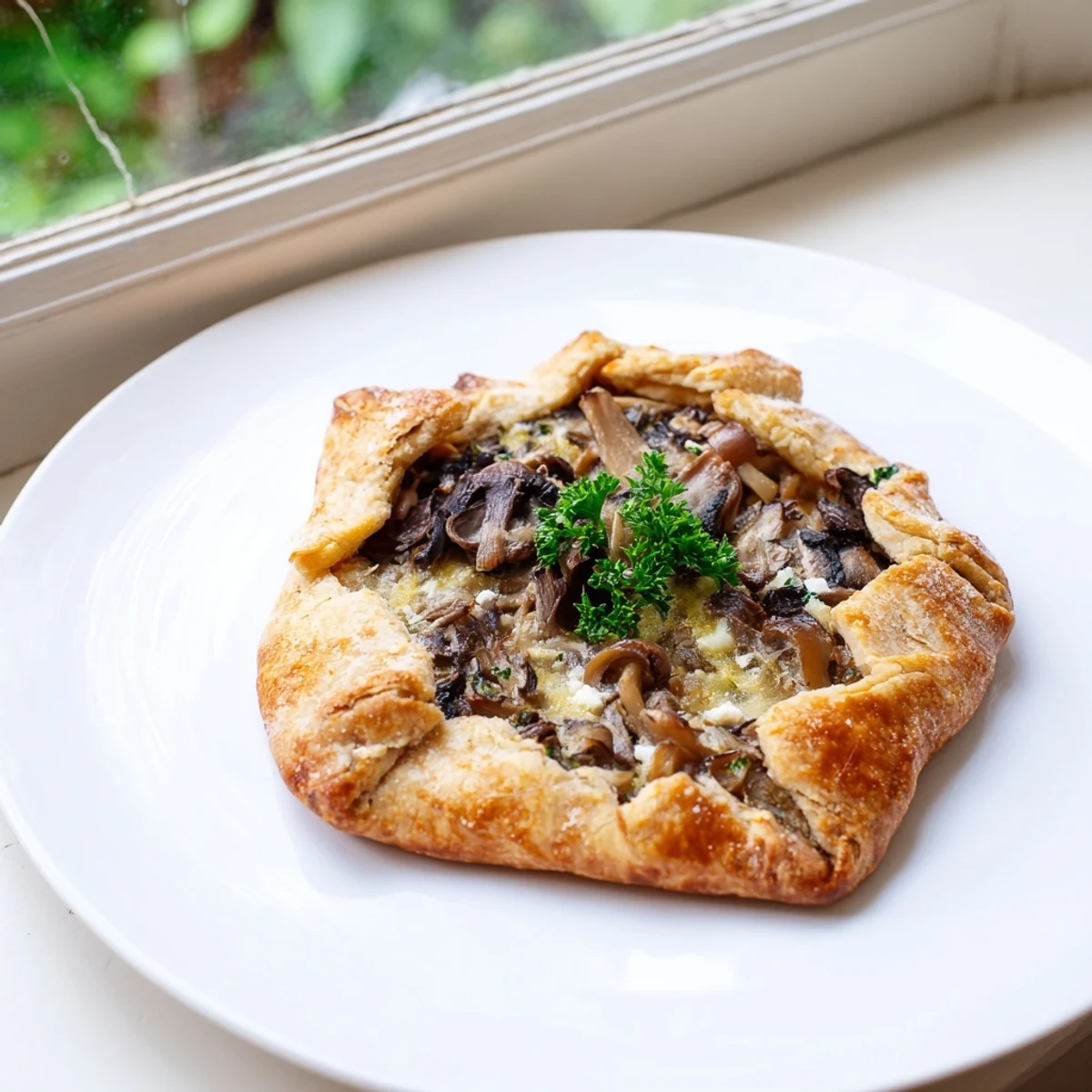 Enjoy the aroma of fresh herbs and cheese; a delightful slice of Savory Mushroom Galette awaits.