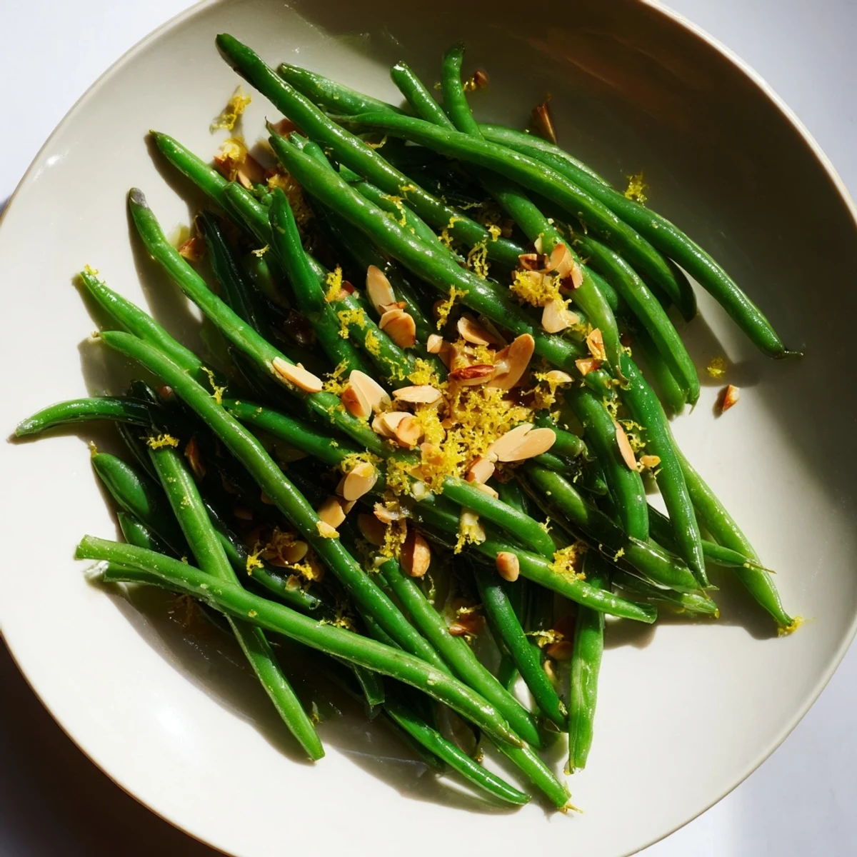 Enjoy a healthy serving of delicious Lemon Garlic Green Beans with Almonds, glistening with olive oil.