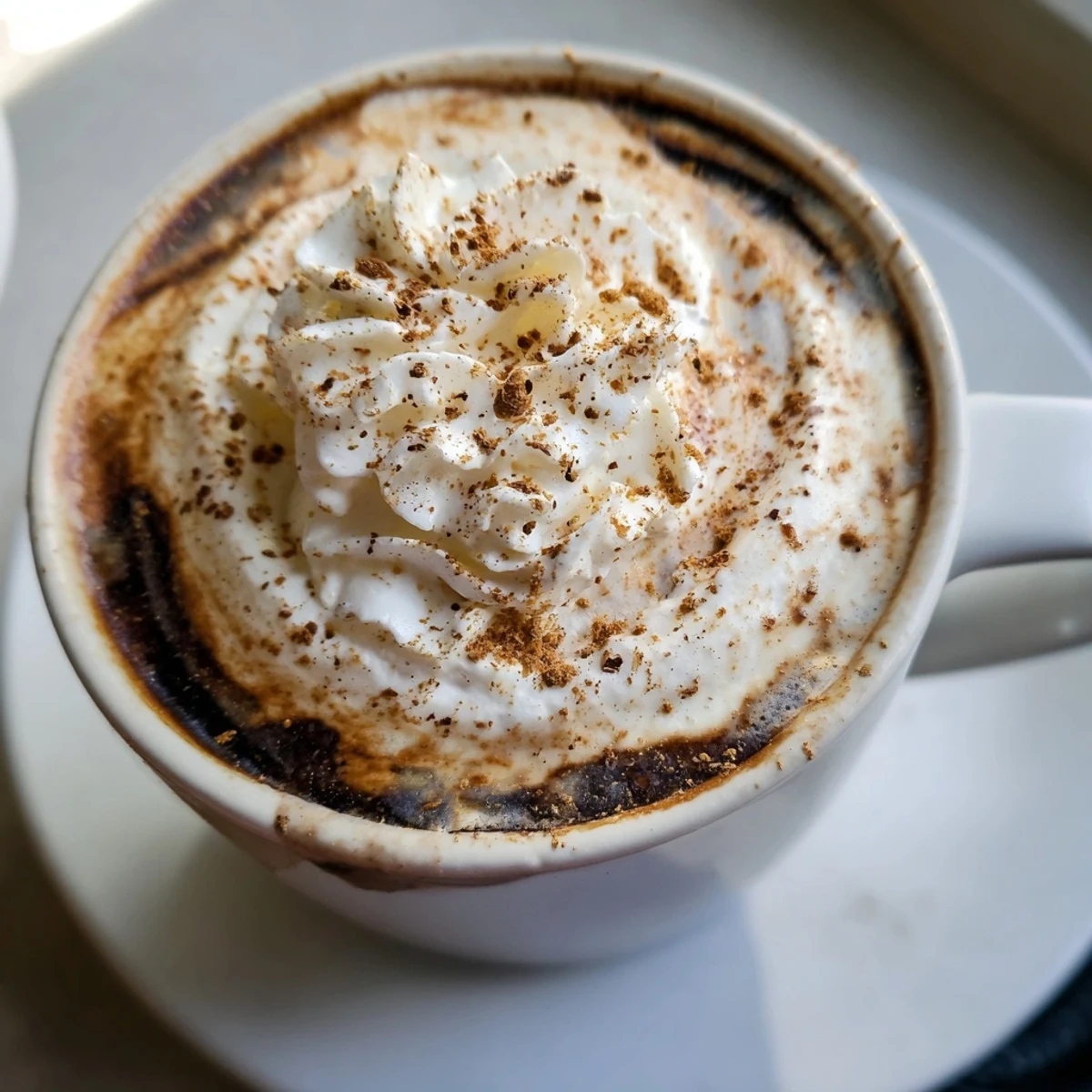 Steaming Gingerbread Spiced Coffee, topped with whipped cream and cinnamon, ready to warm you.