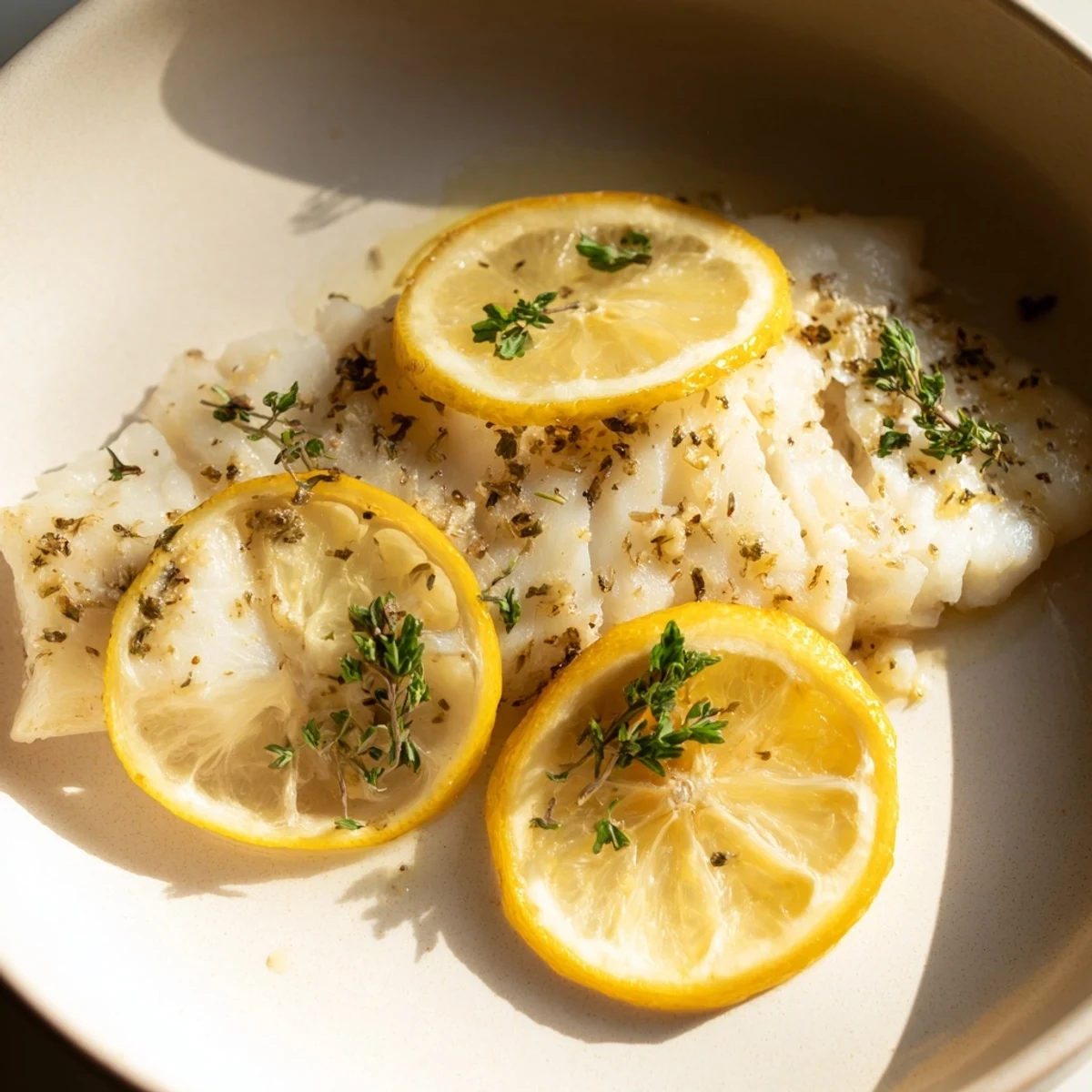 Perfectly cooked Baked Cod, flaky texture visible, with vibrant lemon slices and fresh herbs.