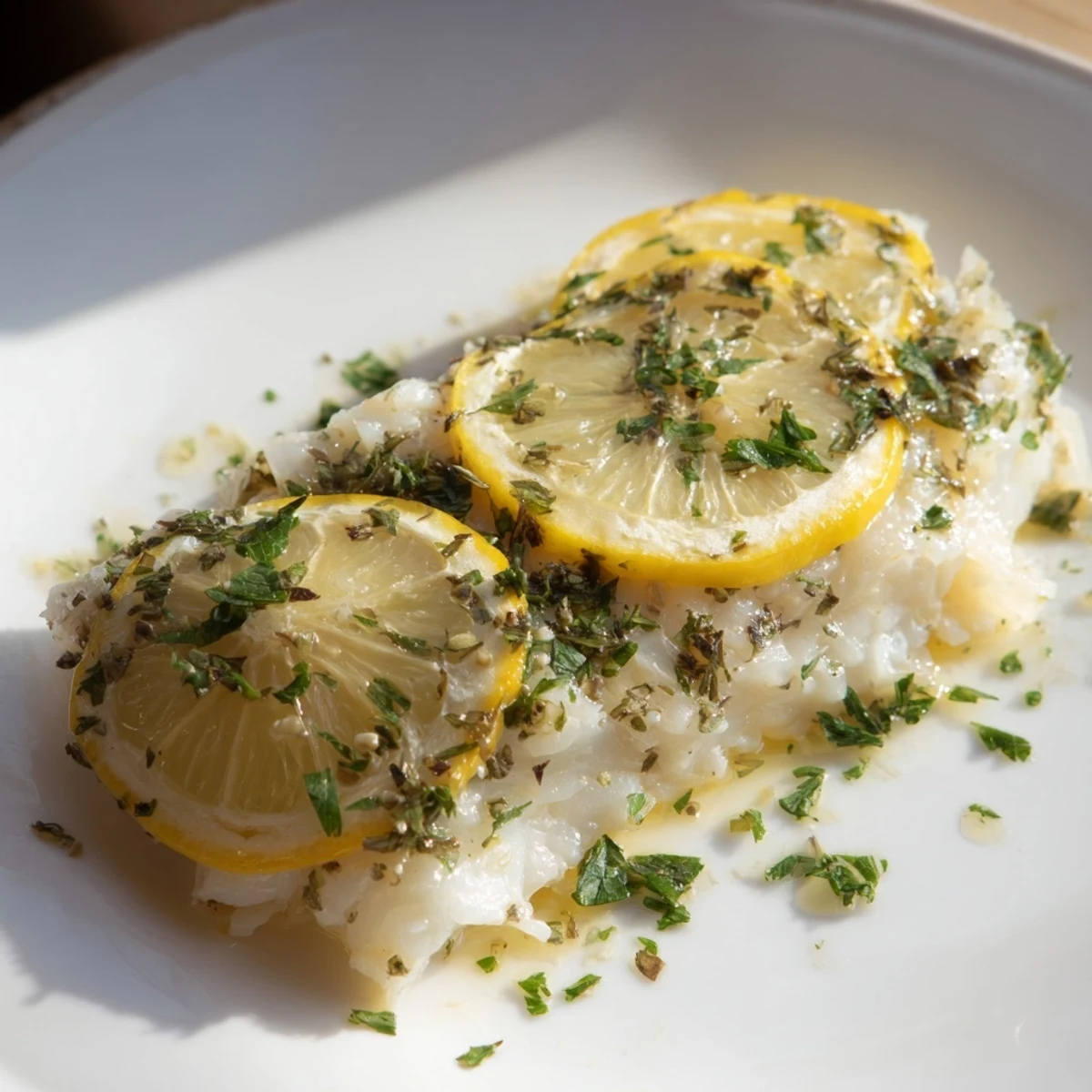 Golden baked cod fillets, glistening with olive oil and lemon, ready to serve with parsley.