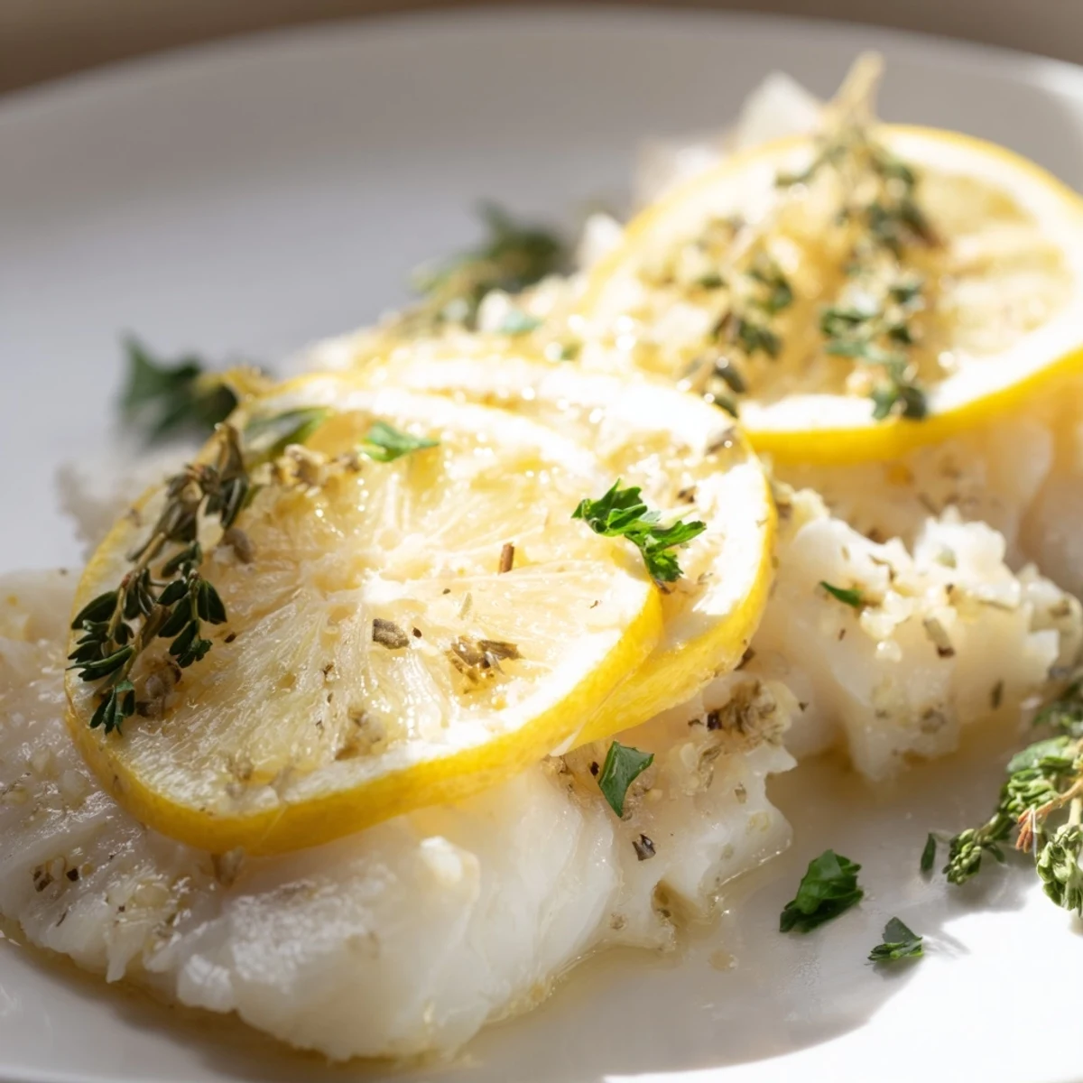 This plate of Baked Cod features tender white fish, surrounded by aromatic garlic and thyme.