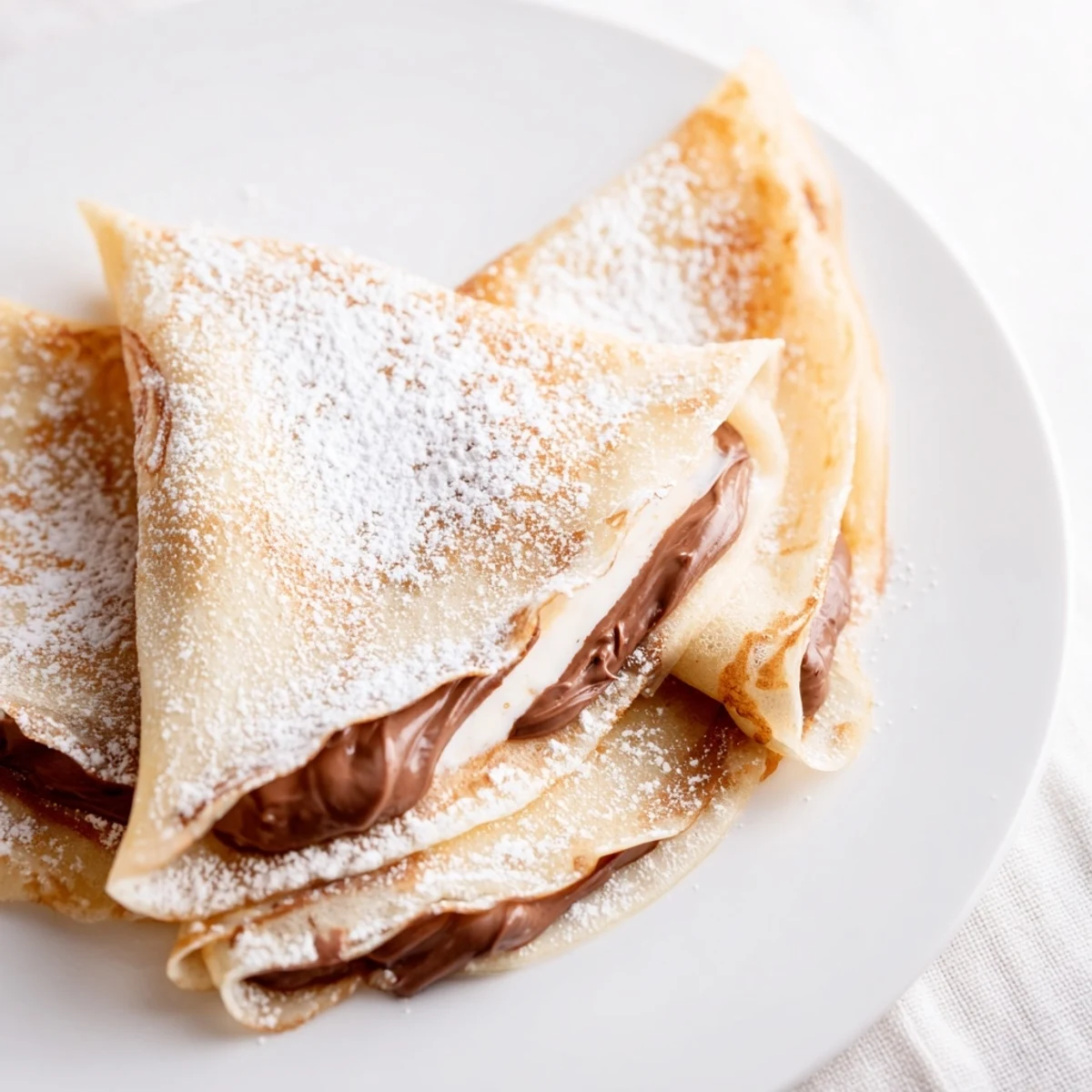 Golden crepes filled with rich Nutella, dusted with powdered sugar, ready to enjoy.