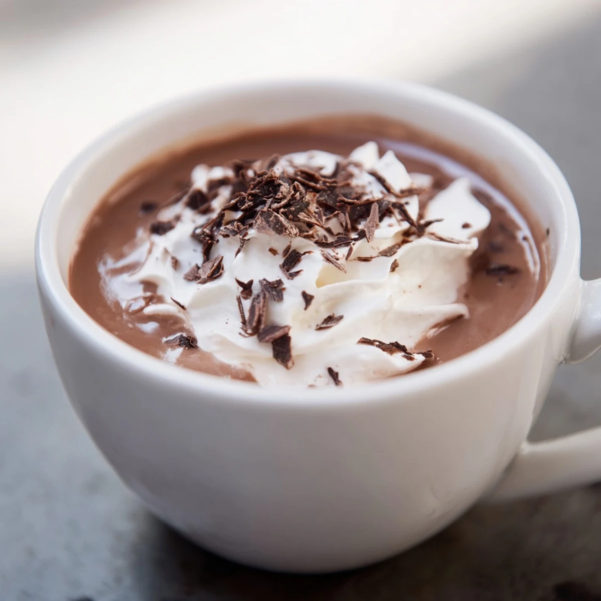A close-up of decadent, rich hot chocolate, topped with fluffy whipped cream and chocolate shavings.