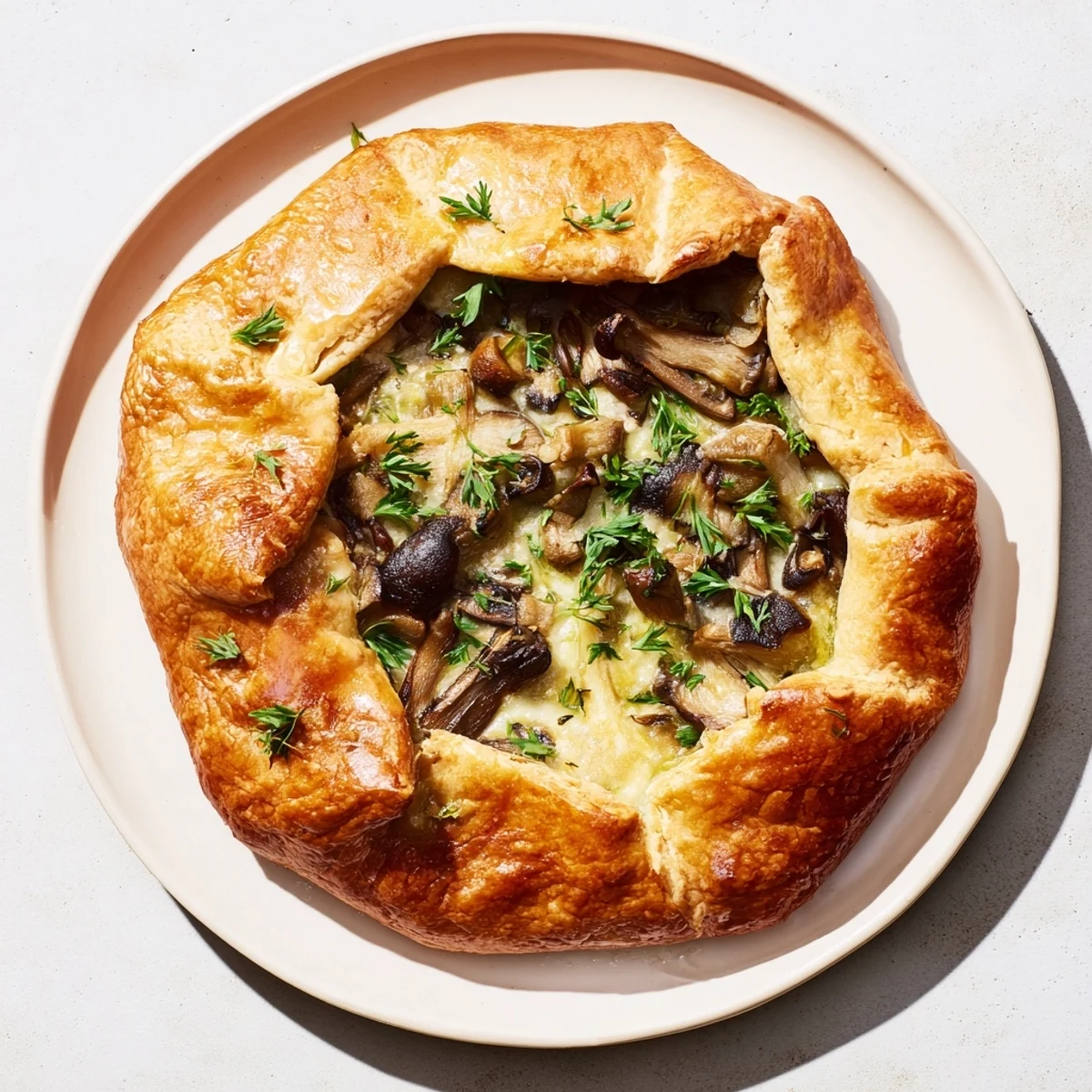 Warm, appetizing photo of a freshly baked Mushroom Galette, ready to be enjoyed as a meal.