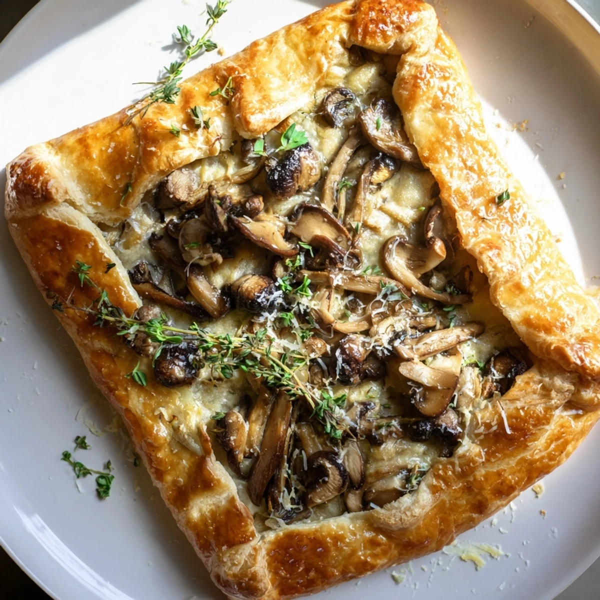 Rustic Mushroom Galette showcasing beautifully browned crust with a creamy mushroom filling.