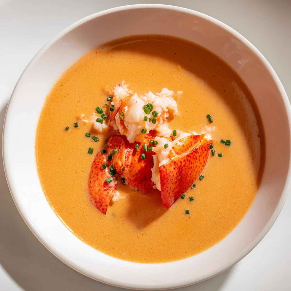 A creamy bowl overflowing with Lobster Bisque, garnished with fresh chives, ready to eat.