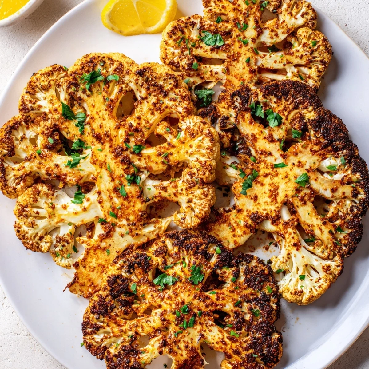 Golden-brown cauliflower steaks, perfectly roasted and seasoned, ready to be enjoyed as a hearty vegetarian meal.