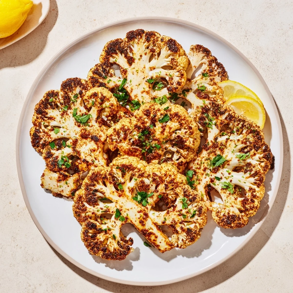 A close-up of delicious cauliflower steaks, sizzling and fragrant, drizzled with savory seasonings before serving.