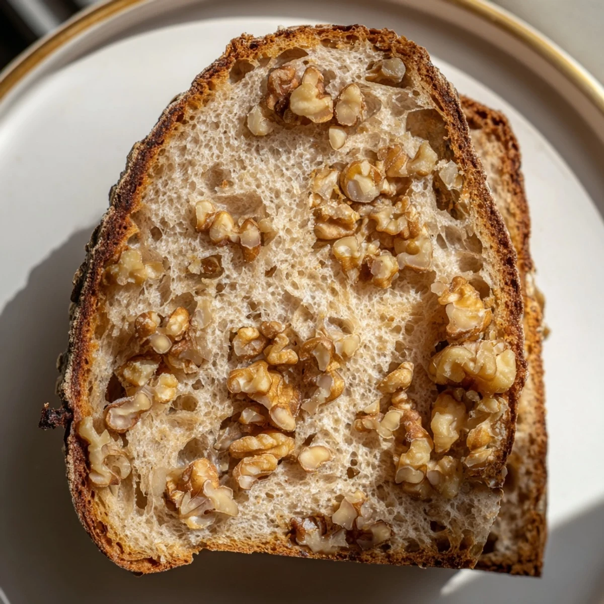 A rustic loaf of walnut bread, golden brown and ready to slice for serving.