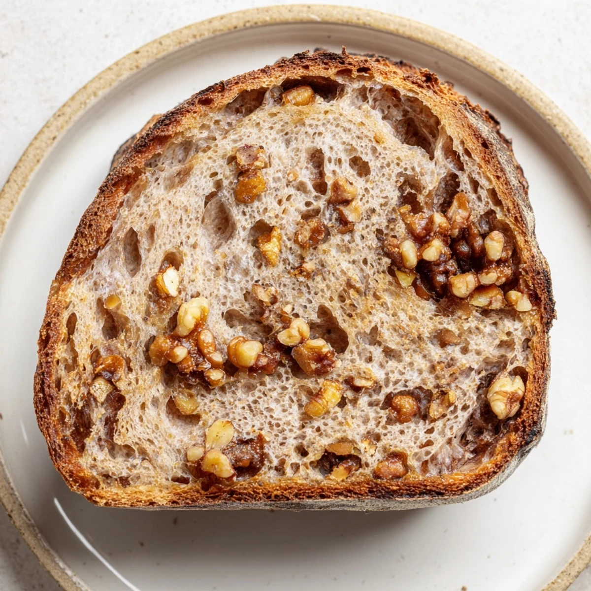 Freshly baked walnut bread with a perfectly crusty exterior, ideal for a cheese board.