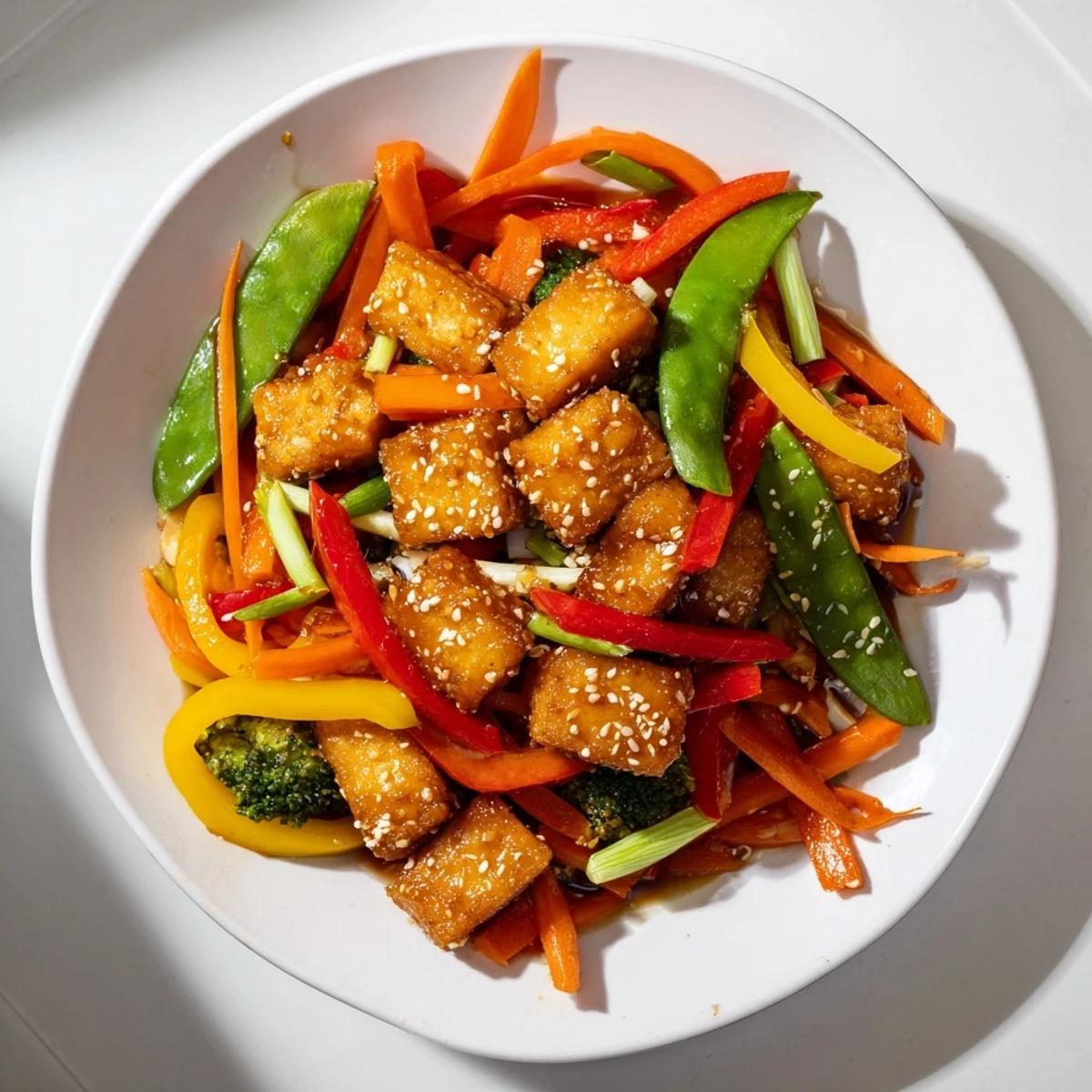 Freshly cooked tofu stir fry featuring vibrant bell peppers and a delicious sauce.