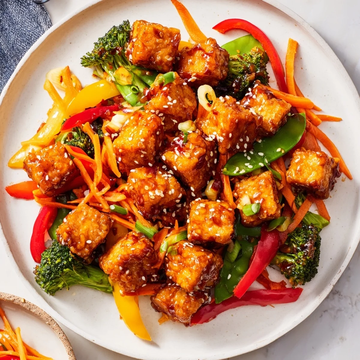 A visually appealing, vegetarian tofu stir fry ready to enjoy with a side of rice.