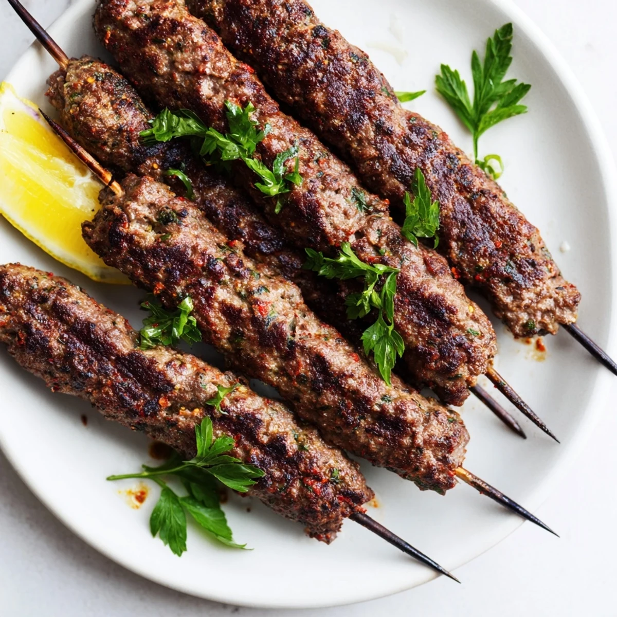 Sizzling grilled beef kofta kebabs, aromatic with herbs, ready to serve with lemon and pita.