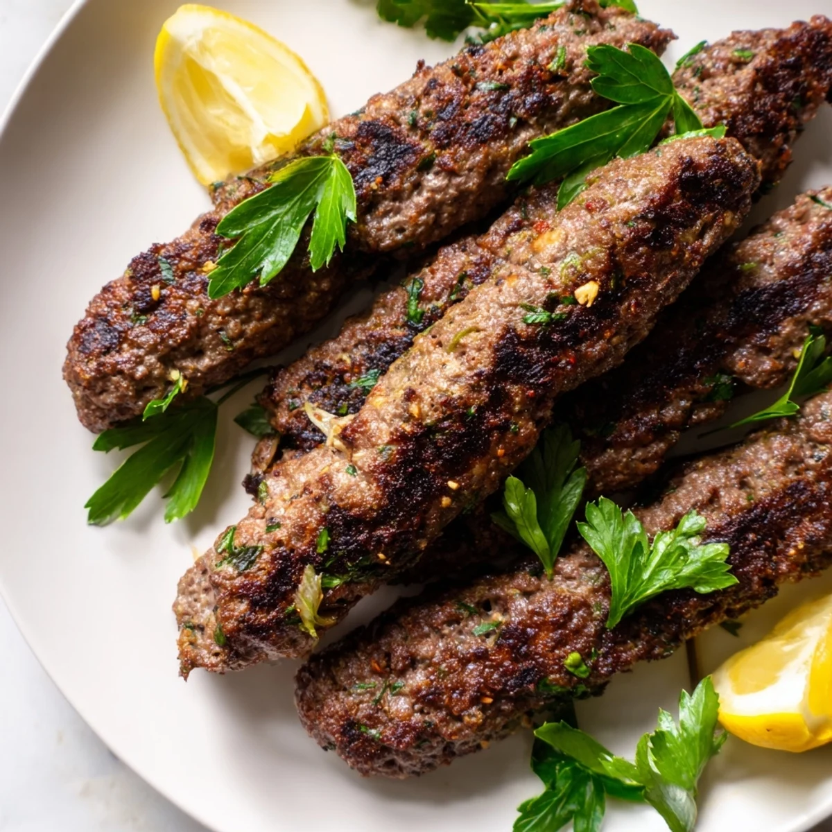 Close-up of juicy, spiced beef kofta skewers, perfectly browned, a flavorful Middle Eastern cuisine delight.