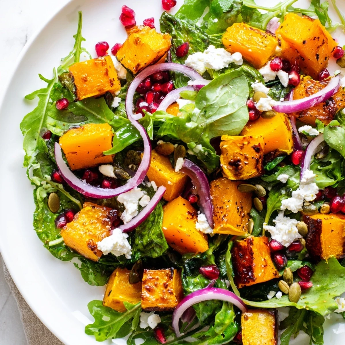 Close up of a delicious Squash Salad showcasing tender squash with fresh greens and creamy feta.