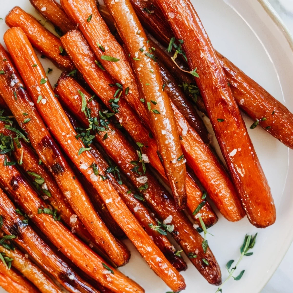 Golden, roasted carrots glistening with olive oil and thyme, ready to complement your dinner.
