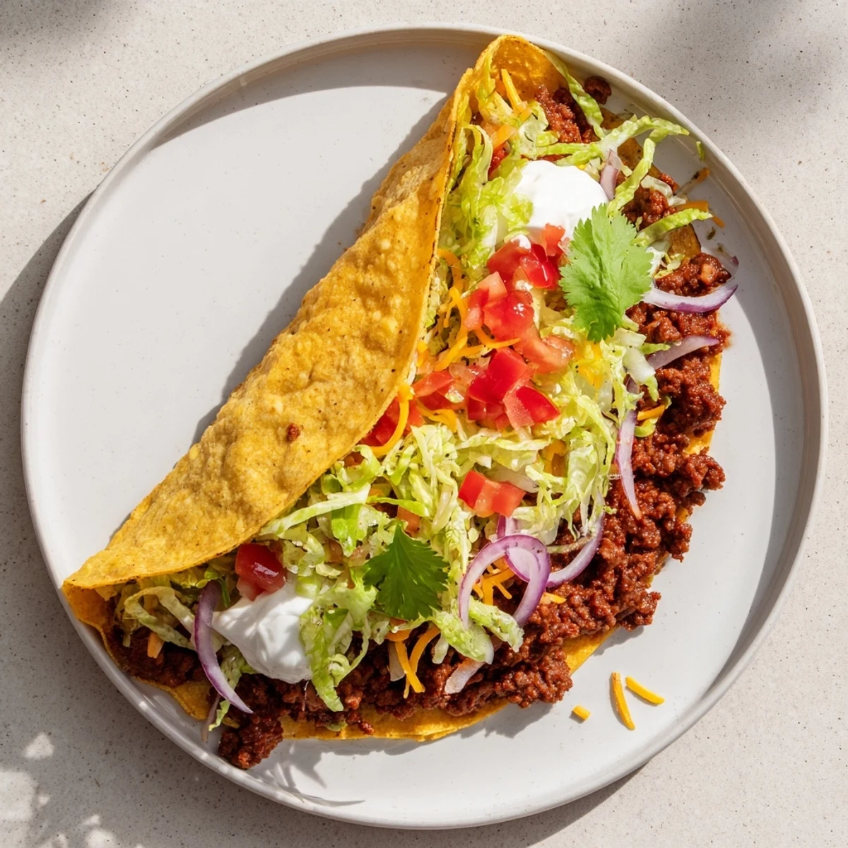 Close-up of a sizzling plate of beef tacos, filled with savory seasoned ground beef and fresh toppings.