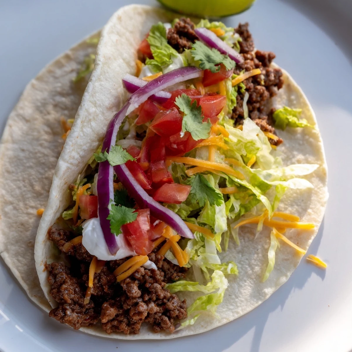 Golden, crispy beef tacos filled with colorful shredded lettuce, cheese, and diced tomatoes, ready to eat.