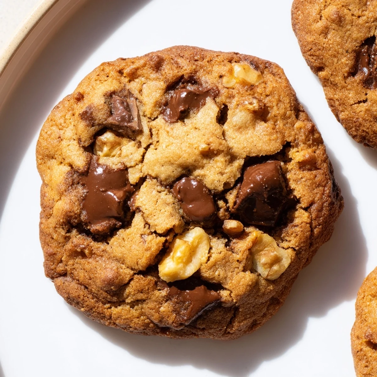 Perfectly baked, slightly crisp-edged chocolate chip cookies, ready for a warm, sweet treat.