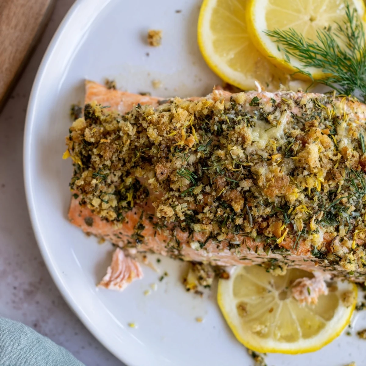 Flaky baked salmon with a vibrant lemon-herb crust, ready to enjoy for dinner.