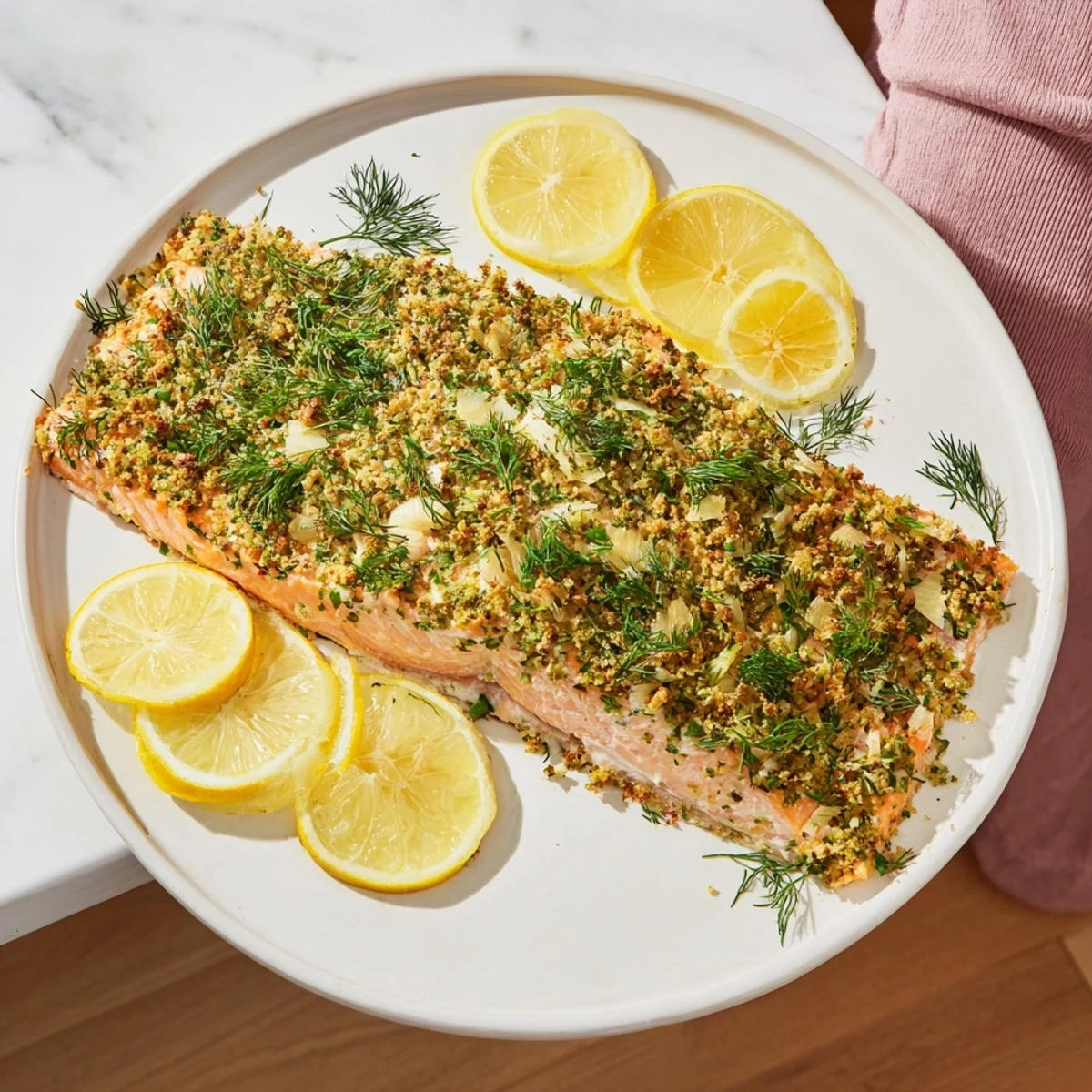 Golden brown oven-baked salmon fillets, perfectly cooked and served with fresh lemon wedges.