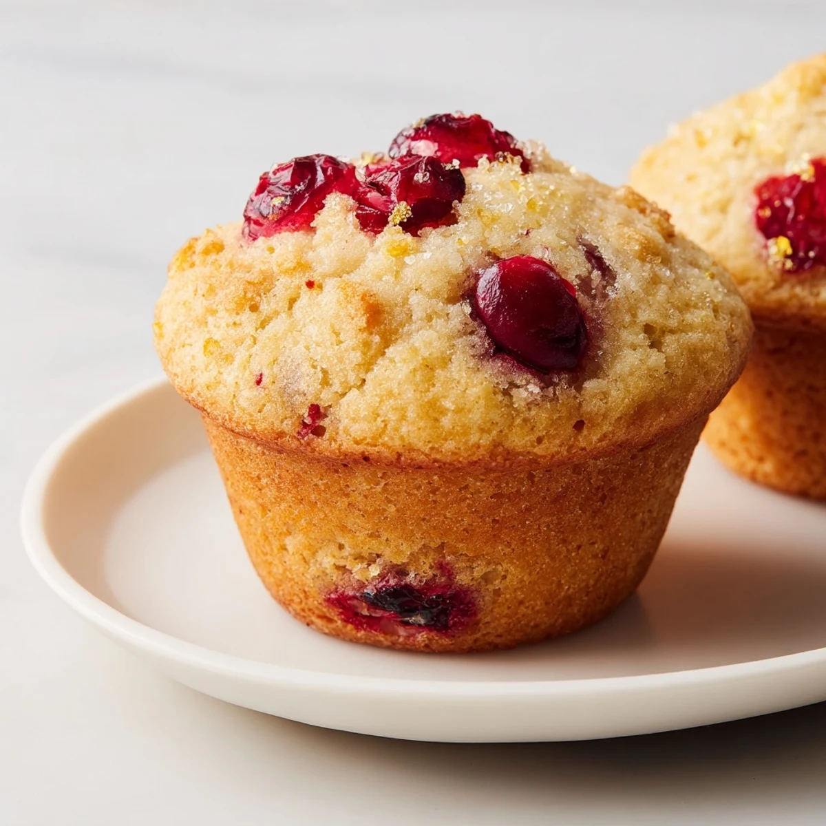 Golden-brown cranberry muffins with a dusting of sugar, perfect for a cozy breakfast treat.