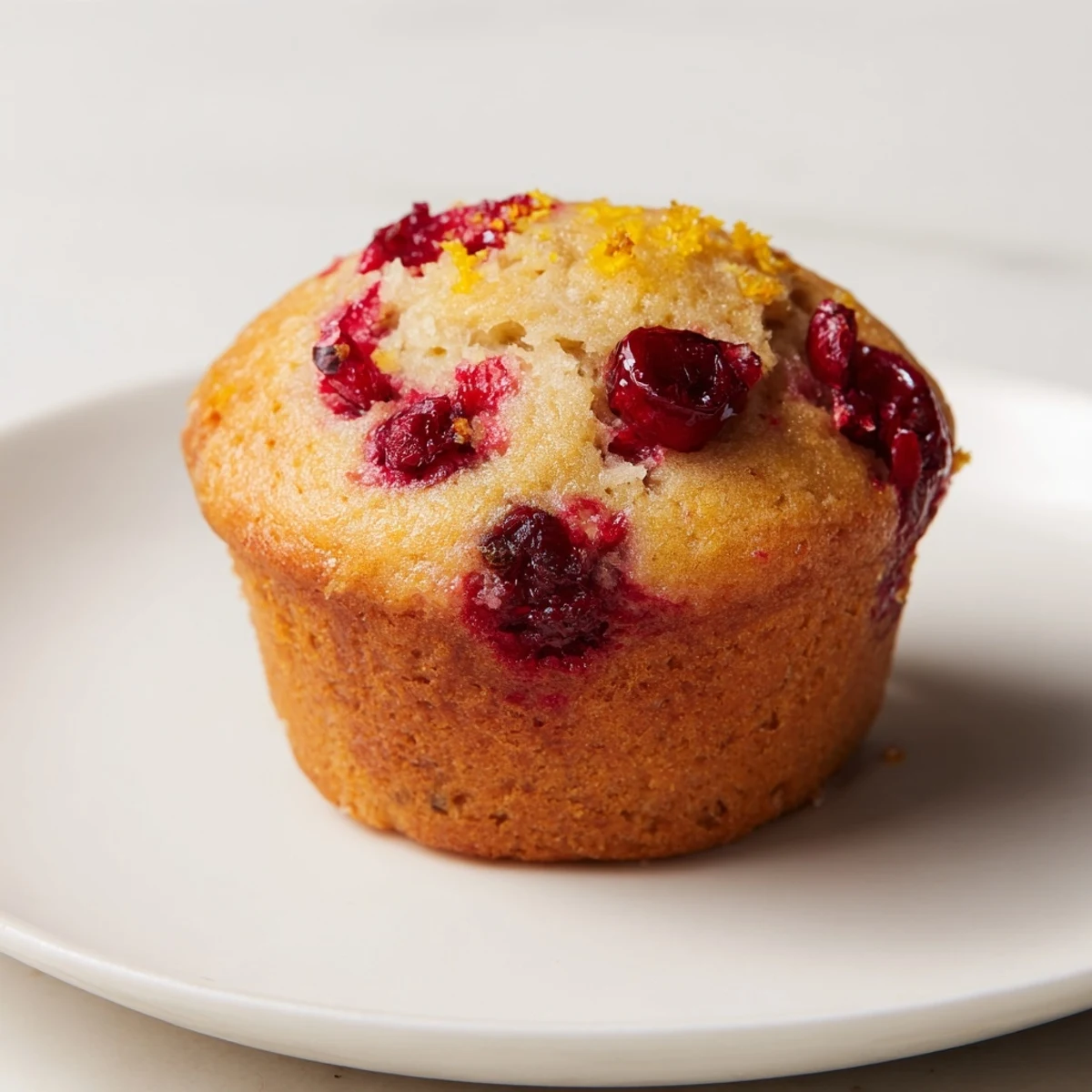 Delicious close-up of freshly baked cranberry muffins, showing the juicy cranberries inside.