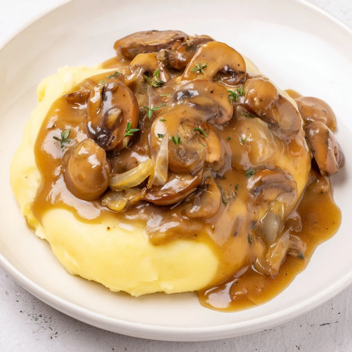 Golden-brown mushroom gravy bubbling in a skillet, perfect for drizzling over mashed potatoes.