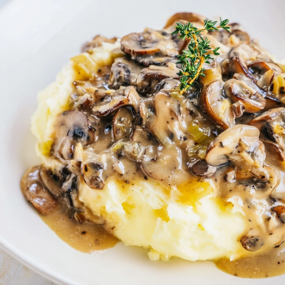 A close-up of creamy mushroom gravy, richly flavored with herbs, ideal for a vegetarian meal.