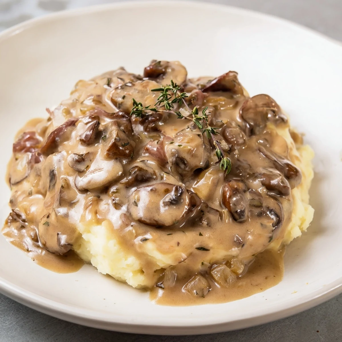 Thick and savory mushroom gravy, ready to be served over roasted vegetables for dinner.