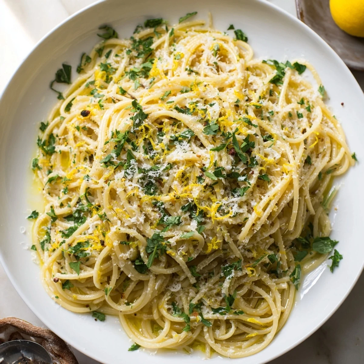 Steaming bowl of Garlic Pasta, tossed with fresh parsley and Parmesan for perfect dinner.