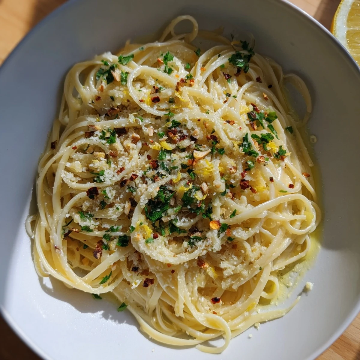 Golden-garlic infused olive oil coats the al dente Garlic Pasta, a simple Italian delight.