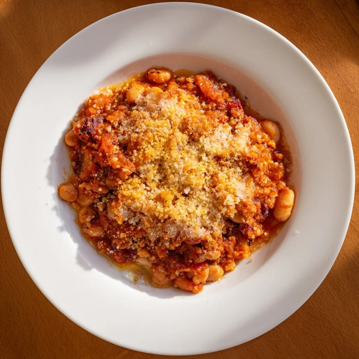 A close-up of a bubbling Bean Baked dish, featuring tender beans in a rich tomato sauce.