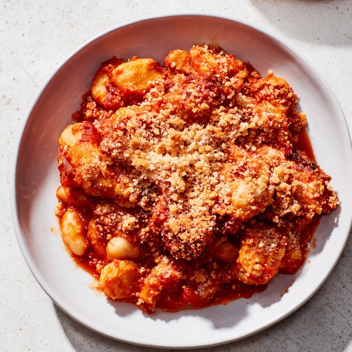 Steaming Bean Baked casserole with melted cheese and crispy breadcrumb topping, ready to serve.