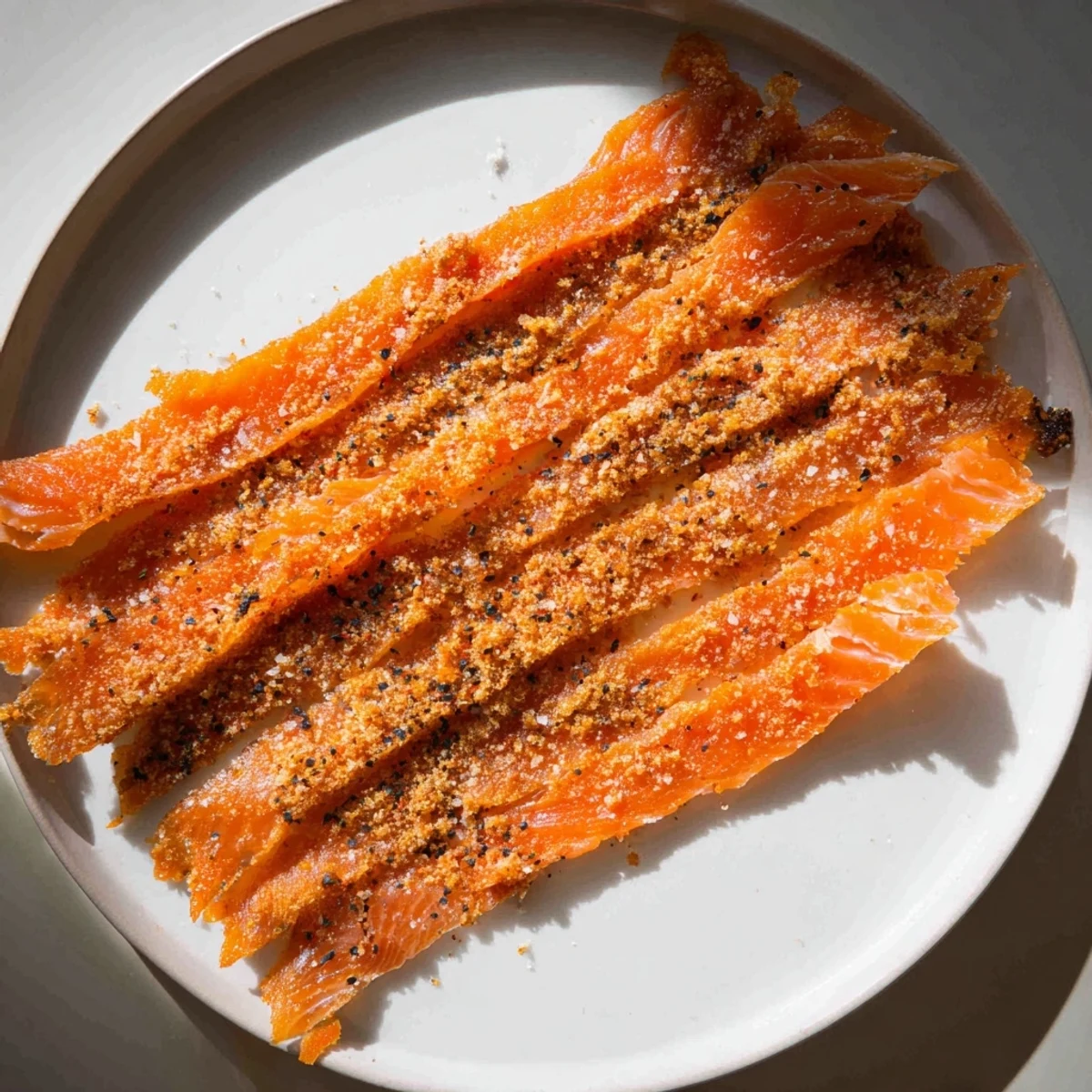 Golden-brown and crispy salmon skin chips, a delightful snack with a savory, salty crunch.